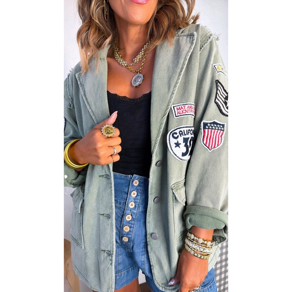 Vici Womens Olive Green Patchwork Utility Jacket Raw Edge Medium